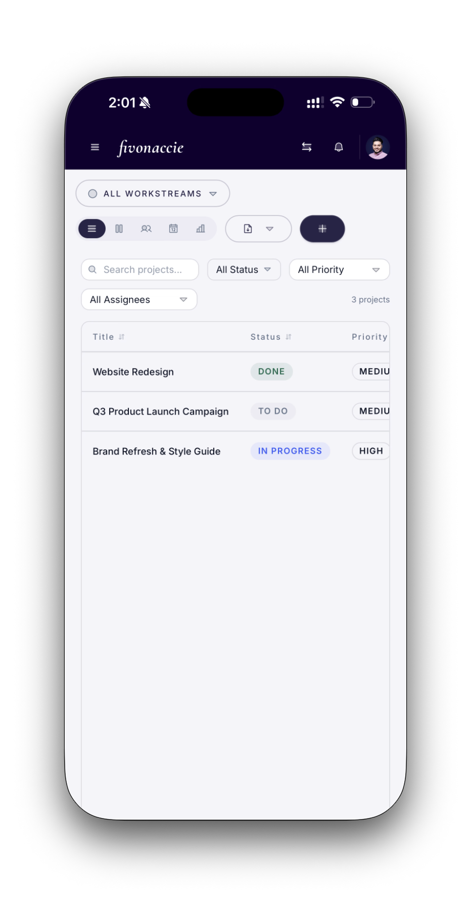 Creator Studio mobile projects list with workstream filter