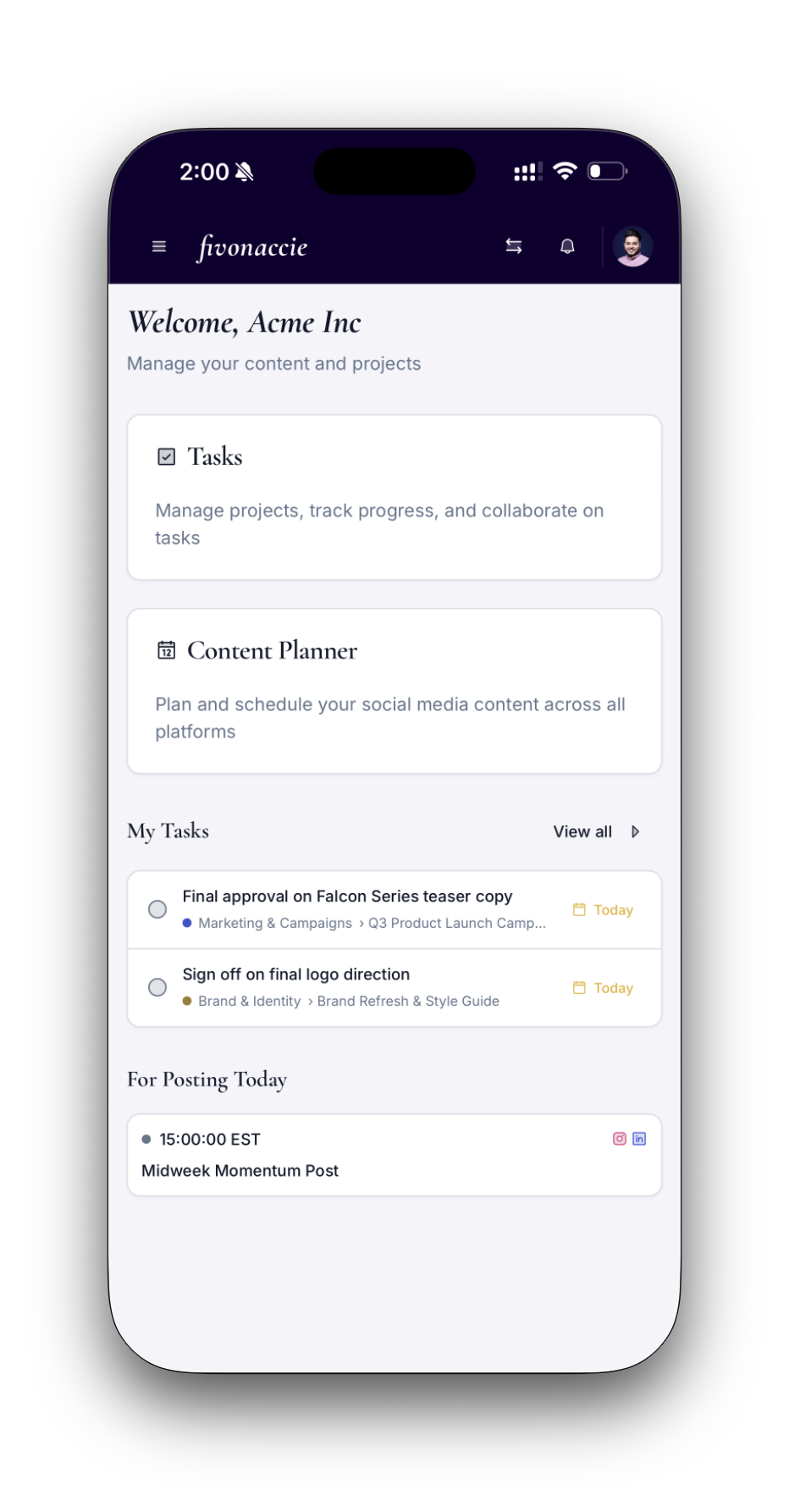 Creator Studio mobile dashboard with tasks and today's scheduled post