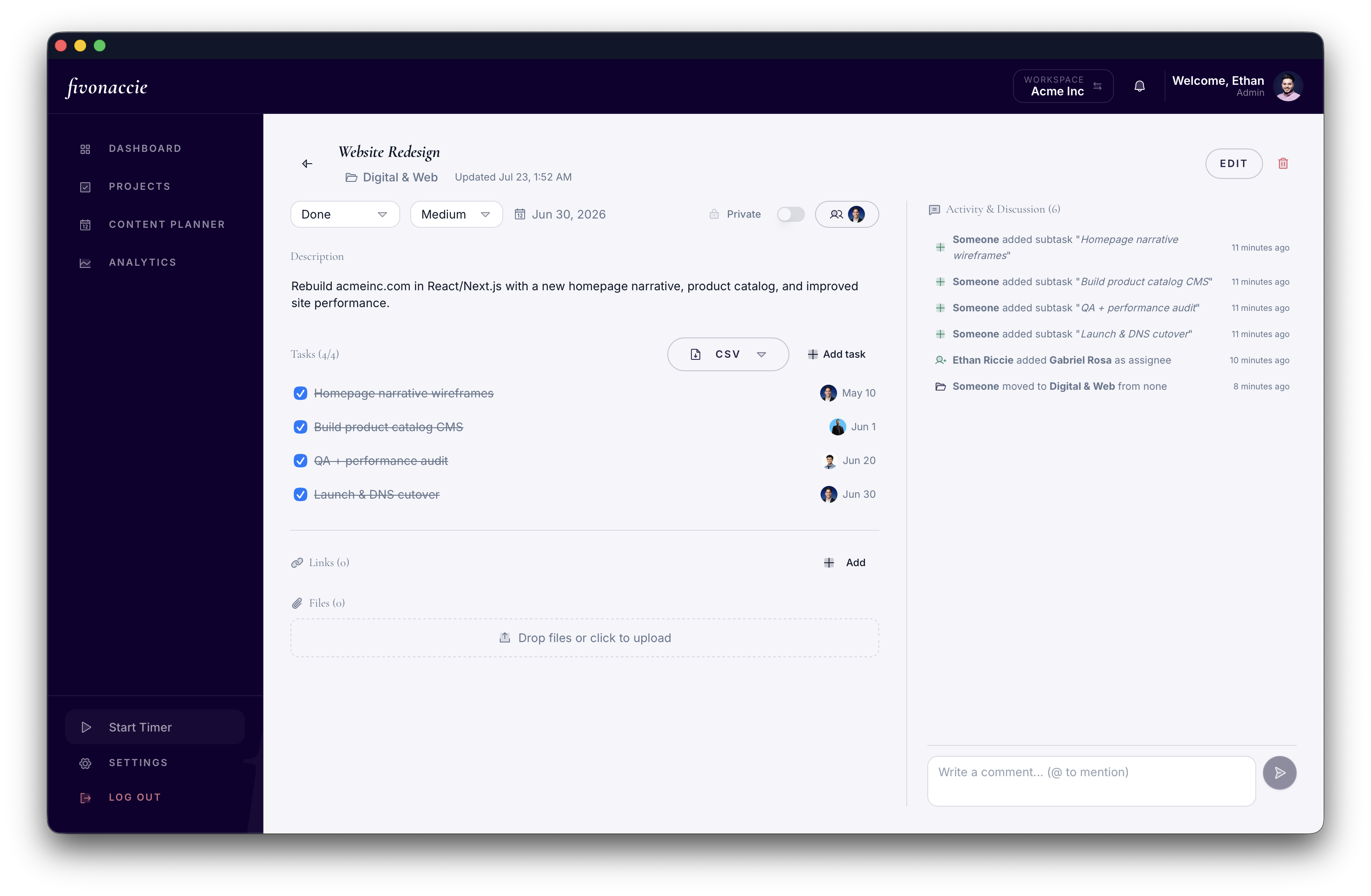 A Creator Studio project page with completed tasks, files, and an activity feed
